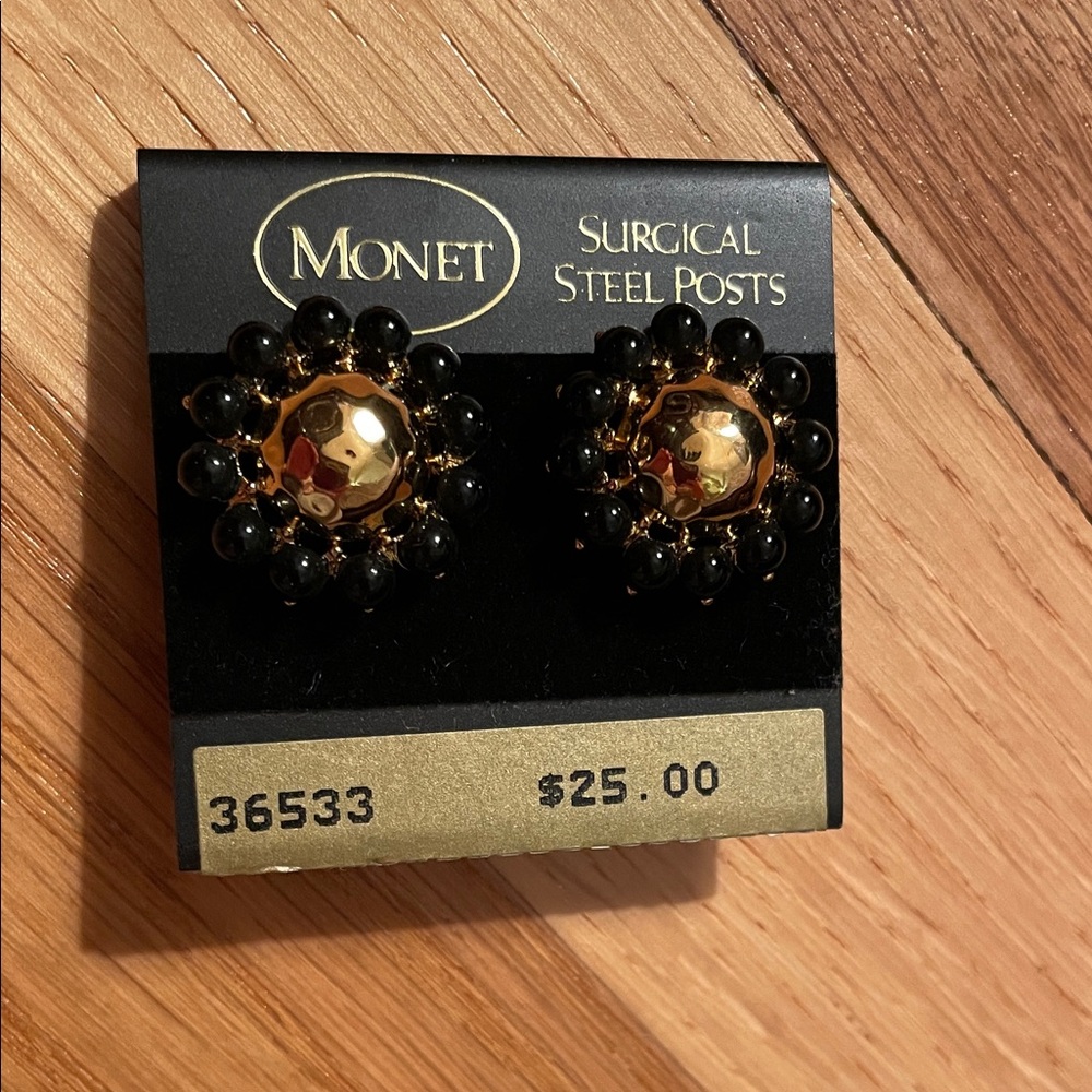 Vintage Monet Gold and Black Beaded Earrings